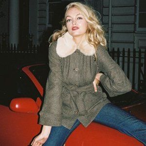 RARE Rouje France Coat Faux-Fur Collar 34 XS Jeanne Damas Striped